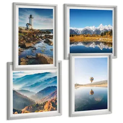 BILDER SET 4er Set - 50x50 cm & 40x60 cm Silberner Rahmen - Ausblicke auf die Natur, Leuchtturm, Berge