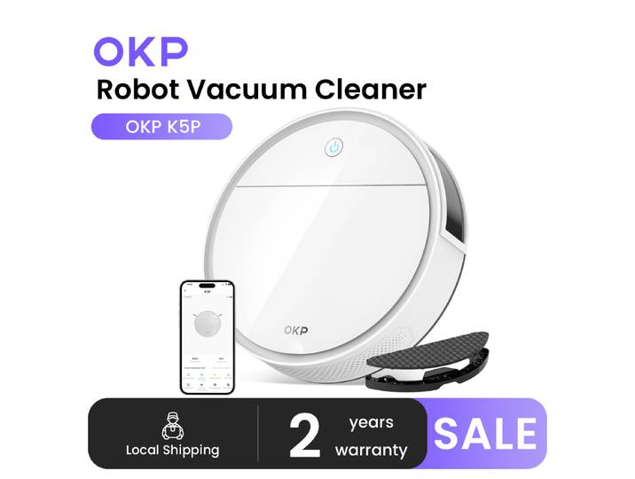 Aspirateur robot OKP K5P avec cartographie, 5000Pa, PSD 190 ° 180 minutes, contrôle via application/WiFi, idéal pour les poils d'animaux et les sols durs