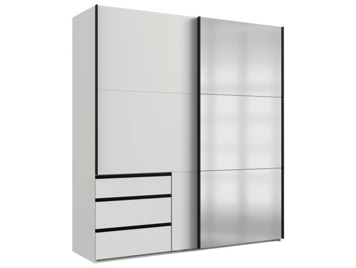 Schwebetürenschrank, Weiß, 200x216x65 cm, Holzwerkstoff, 2 Fächer & 3 Schubladen, MID.YOU
