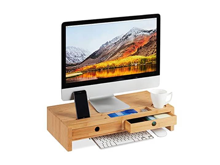 Relaxdays Support pour Moniteur\, en Bambou\, Rehausseur d’écran avec 2 tiroirs rangements\, Bureau\, HLP 12x56x27cm\, Nature