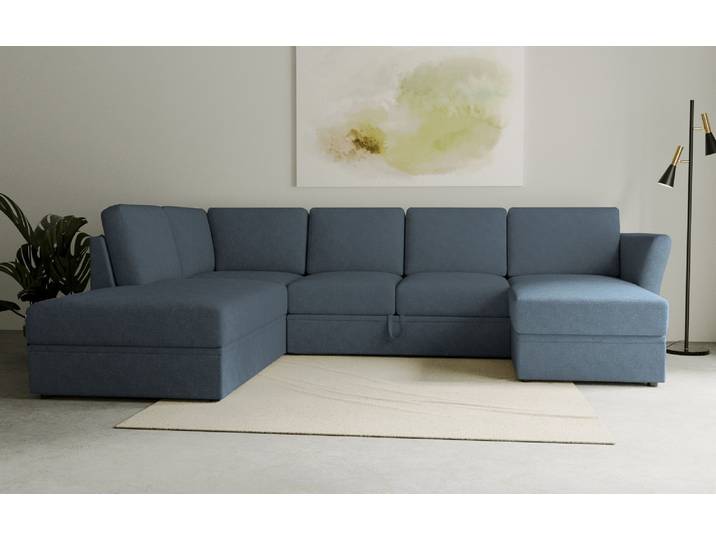 Wohnlandschaft GOODPRODUCT Lavars Schlafsofa , blau, B:310cm H:90cm T:226cm, 53% strukturiertes Polyester, 47% Polyester, Sofas, Wohnlandschaft, mit Bettfunktion und Stauraum, in zwei verschiedenen Bezugsqualitäten