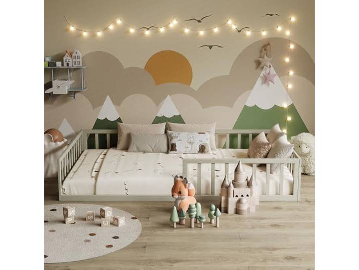 Vitalispa Kinderbett Minno , Greige 120x200 mit Matratze, mit Rausfallschutz und niedriger Einstiegshöhe