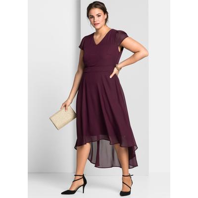 Abendkleid SHEEGO "Abendkleid", Damen, Gr. 48, Normalgrößen, Kurzarm, Georgette, lila (aubergine), Georgette, 100% Polyester, unifarben, lang, V-Ausschnitt, Kleider Abendkleid