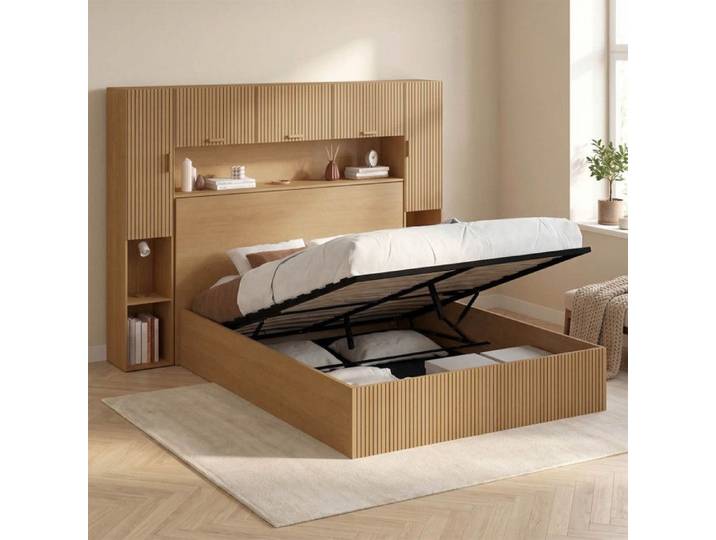 Lit pont armoire JULIETTE 140 cm effet lattes