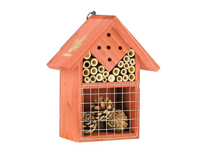 Relaxdays insectenhotel, dennenhout, voor bijen en kevers, tuin en balkon, HBD: 21 x 17,5 x 9 cm, insectenkastje, oranje