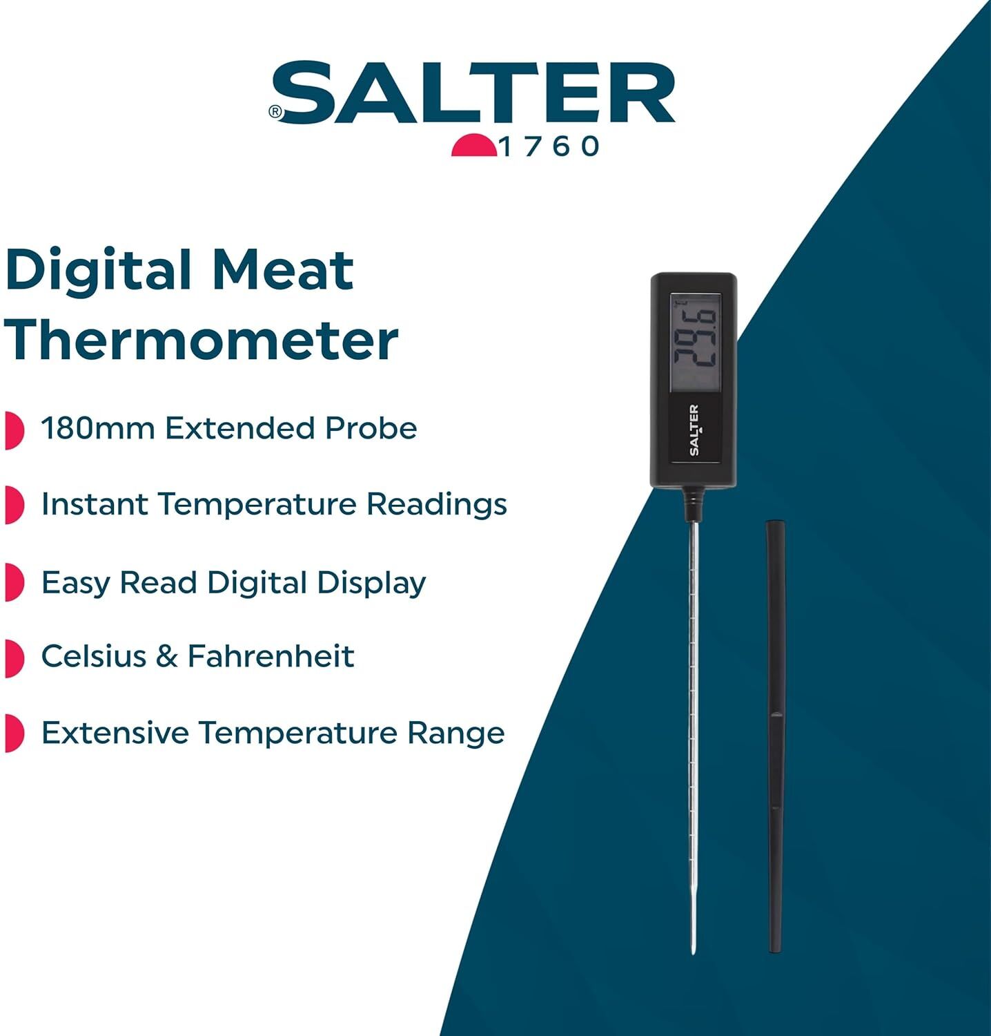 Salter Precision Meat Thermometer – 180mm Probe with Cover, Digital Display, °C/°F, Fast Accurate Reading (SA00634FEU12)