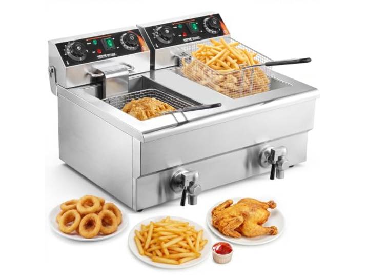 VEVOR Kommerzielle Fritteuse 2 x 8 L, Elektrische 3 kW Tischfritteuse mit Doppeltank & Korb, Doppel-Ölfritteuse aus Edelstahl, Zeit- und Temperaturregelung, für Küche Restaurants