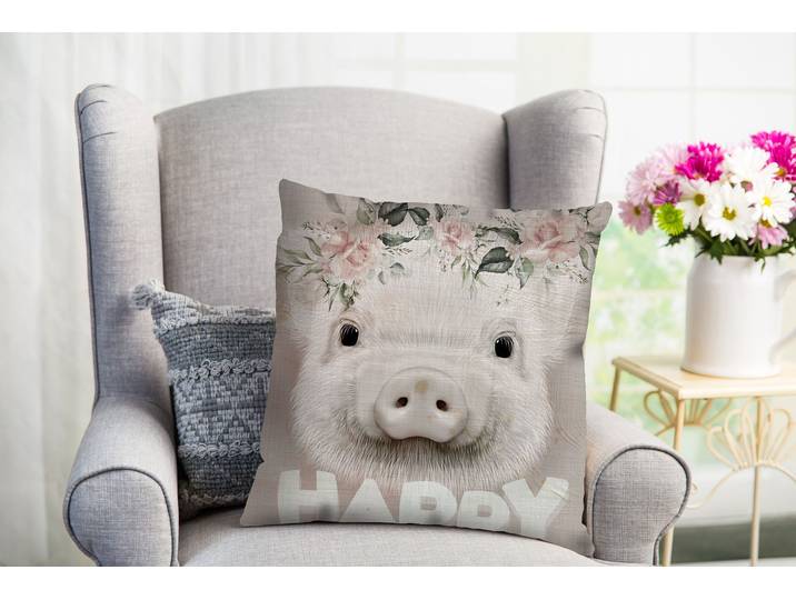 Dekokissen QUEENCE Bardo , rosa (rosa, bedruckt), B:40cm L:40cm, Polyester, Dekokissen_Sitzkissen_Kissenhüllen, Dekokissen, süsses Schweinchen