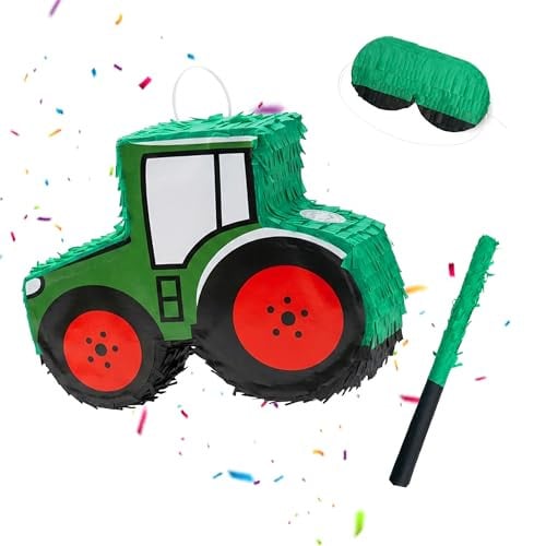Relaxdays Pinata-set met tractor om op te hangen, 3-delig, donkergroen/rood