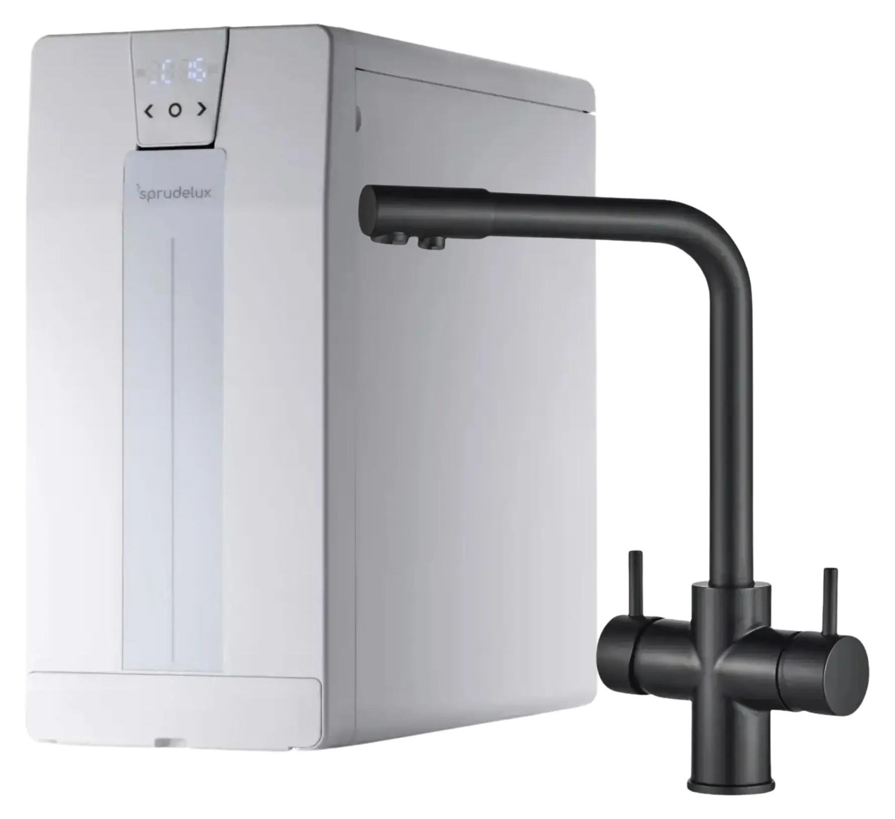 SPRUDELUX POWER SODA Sprudel-Wasserhahn - Untertisch Tafelwassergerät mit Wasserfilter FT-Line 3, gekühlt & sprudelnd - Isabella Schwarz, 10 kg CO₂
