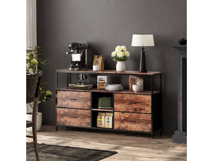 Meuble TV - 108x29 8x76 8cm - avec 4 Tiroirs et Étagère Ouverte Éclairage LED - Bois Rustique