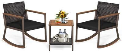 Costway 3 Pieces Rattan Rocking Bistro Set with Coffee Table and Cushions-Black