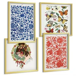 BILDER SET 4er Set - 50x50 cm & 40x60 cm Goldrahmen - Vintage-Blumen-Schmetterlings-Ornamente