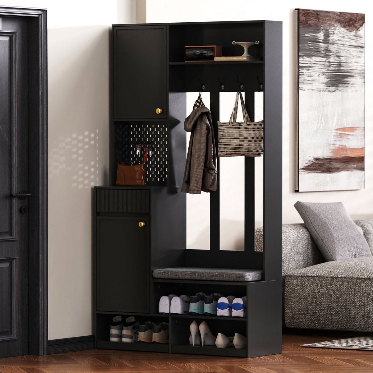 MODFU Kapstok met zitbank en 4 haken, zwart, B/D/H: 100 x 35 x 180 cm