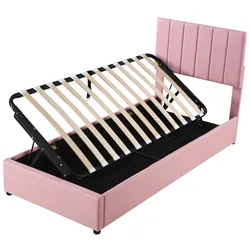 Polsterbett 90x200 mit hydraulischem Stauraum – Leinenbezug, verstellbares Kopfteil, klassisches Design in Rosa