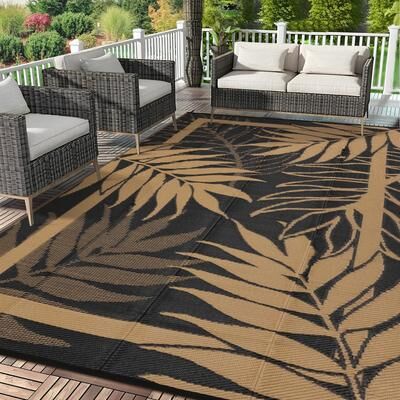 Garvee Modern Botanical Leaf Bordered Outdoor Rug