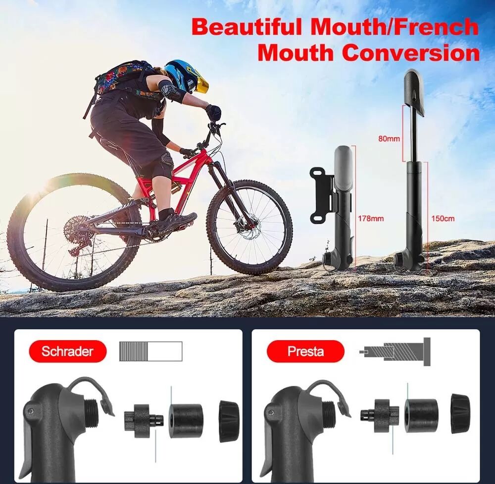INF Mini Fahrradpumpe – Schwarz, tragbar, Hochdruck für Fahrräder, Motorräder und E-Bikes
