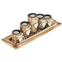 Relaxdays 5 Teelichthalter Holzoptik mit Tablett Weiß,Hellbraun