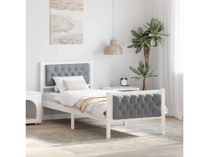 RJPLMFV Bettgestell, Kiefer, massiv, Hellgrau, 75 x 190 cm Kopfteil gepolstert, Polyester, Lattenrost, modernes Design, einfache Pflege