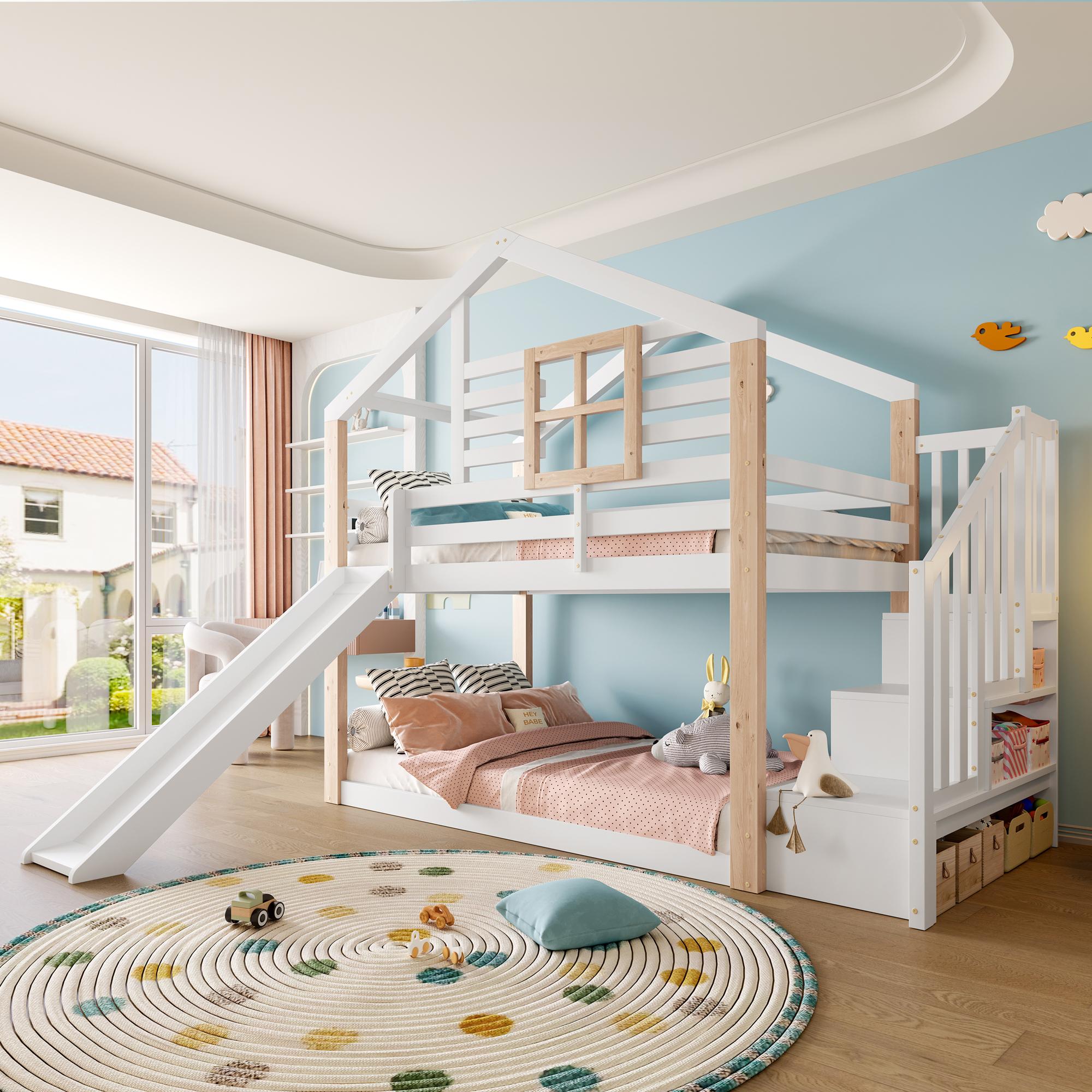 Kinder-Etagenbett mit Rutsche und Treppe im skandinavischen Stil, Massivholzkonstruktion, stabil & sicher, mit Geländer & Stauraum, platzsparend, ideal für Geschwister, EN 747-1:2024