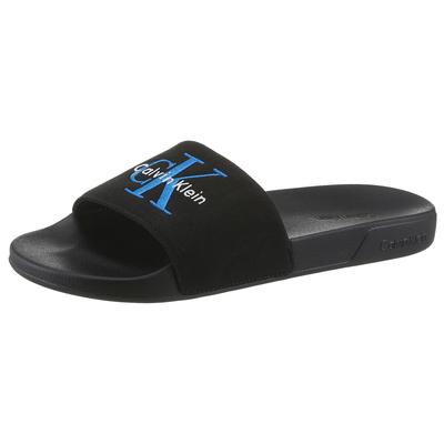 Pantolette CALVIN KLEIN "ESS SLIDE CV", Herren, Gr. 42, Textil, schwarz (schwarz, dunkelblau), Baumwolle, unifarben, Basic, Schuhe Pantolette, Strandschuh, Pool Slides, Flat mit Textil-Riemen