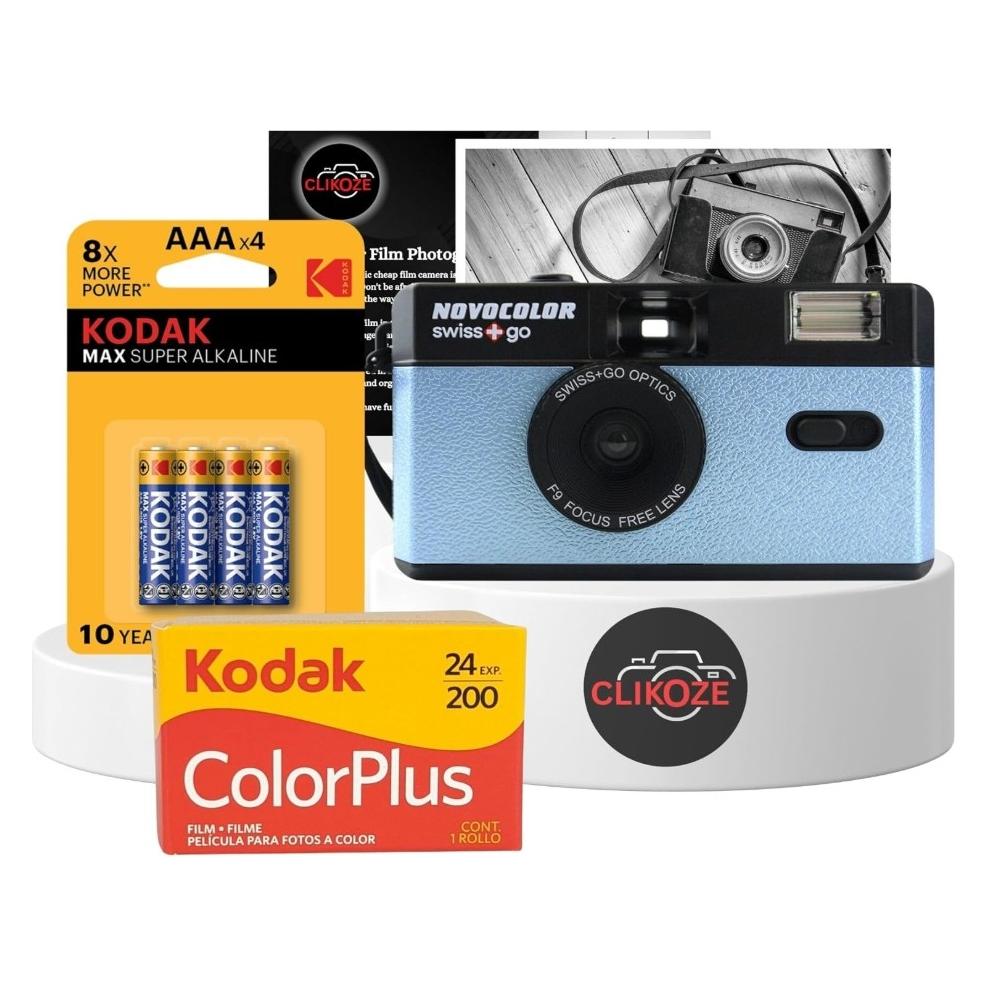 Novocolor Swiss+Go 35-mm-Analogkamera, blau (inkl. Film, Etui und Batterie) (SWI401610)