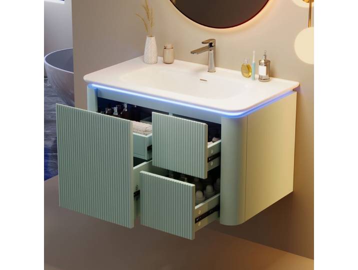 ROVRYN meuble sous vasque suspendu 80 5 x 47 5 x 51 cm LED détecteur de mouvement MDF laqué vert