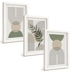 BILDER SET 3er Set - 20x30 cm Weißer Rahmen - Abstrakte Formen mit Grün