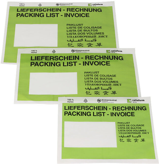 Dokumententaschen aus Papier, Aufdruck Lieferschein - Rechnung, VE 1000 Stk, LxB 240 x 131 mm, grün, ab 10 VE ratioform