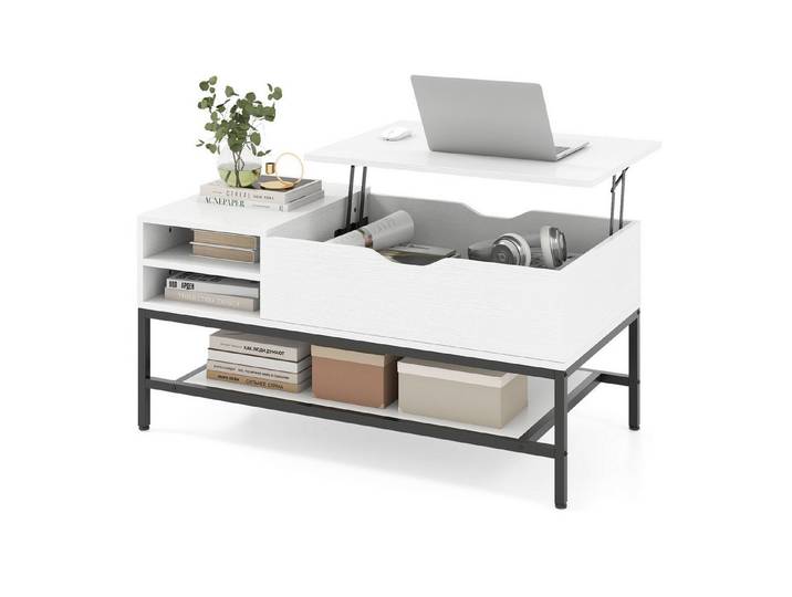 COSTWAY Couchtisch, höhenverstellbar Wohnzimmertisch mit Fachern, 100x49,5x47,5cm