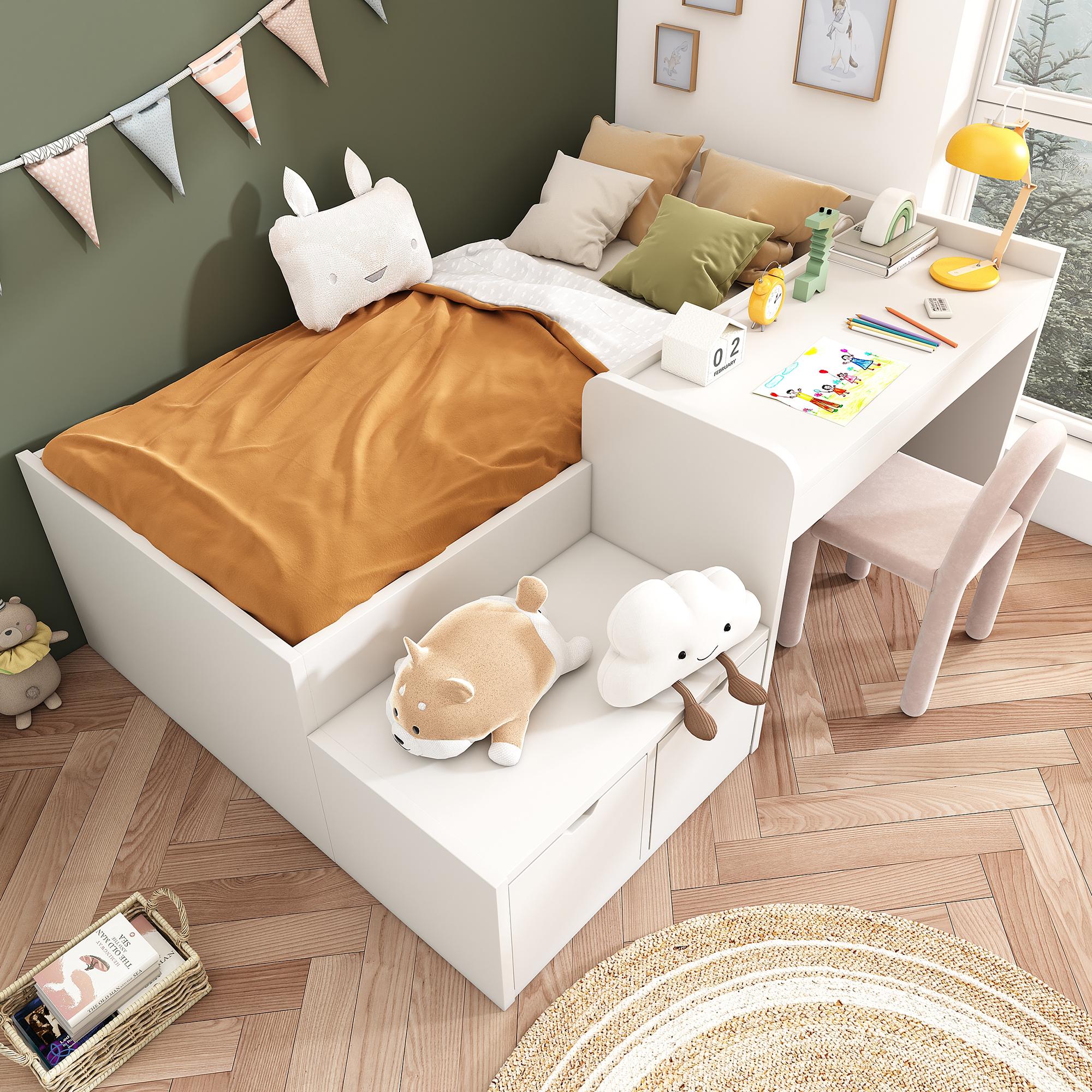 Merax Kinderbett Massivholz Einzelbett 90x200 cm mit Schreibtisch und Schubladen, Stauraumbett mit Lattenrost für Jungen & Mädchen, Weiß
