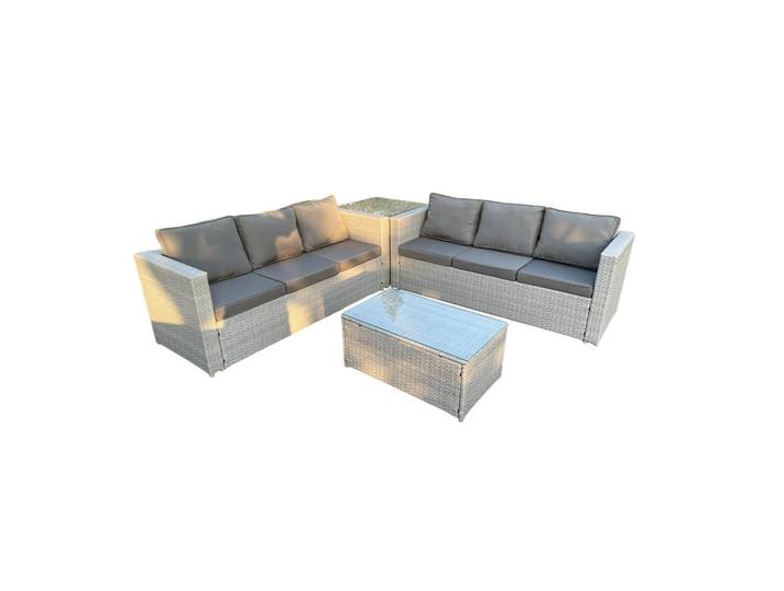 Fimous Gartenmöbel SET Polyrattan Helles Grau 6-Sitzer, Hellgrau, Metall, rechteckig, Gartenmöbel, Gartengarnituren, Gartenmöbel-Sets