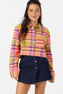 O'Neill s Pippa Flannel Crop Long Sleeve Shirt in Fiery Coral, Size Large