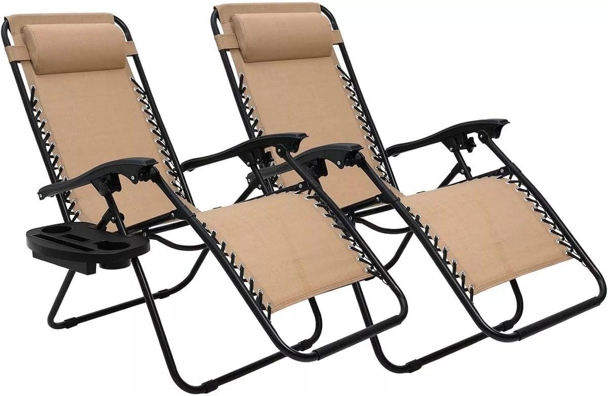 Jently Set van 2 Opvouwbare Buitenstoelen met Armleuningen en Bekerhouder - Beige