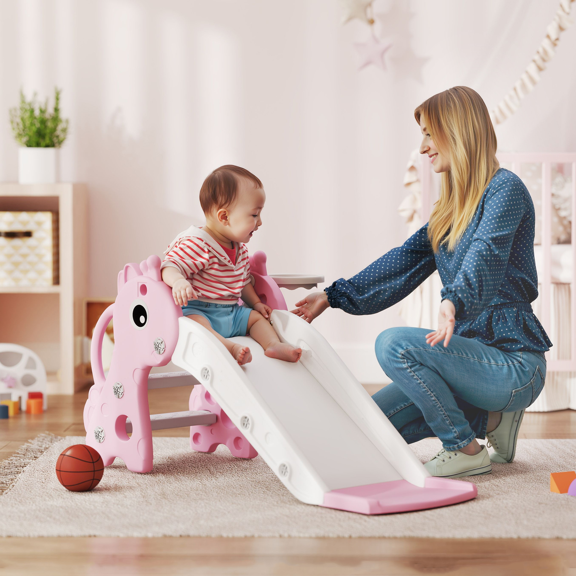 Aiyaplay Scivolo per Bambini con Scaletta, Canestro da Basket e Pallone, Design Giraffa, per Bambini 1-3 Anni, Rosa   Aosom Italy