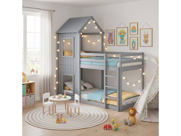 Flieks Etagenbett, Hochbett mit Treppe Hausbett Kinderbett 200x90cm Kiefer