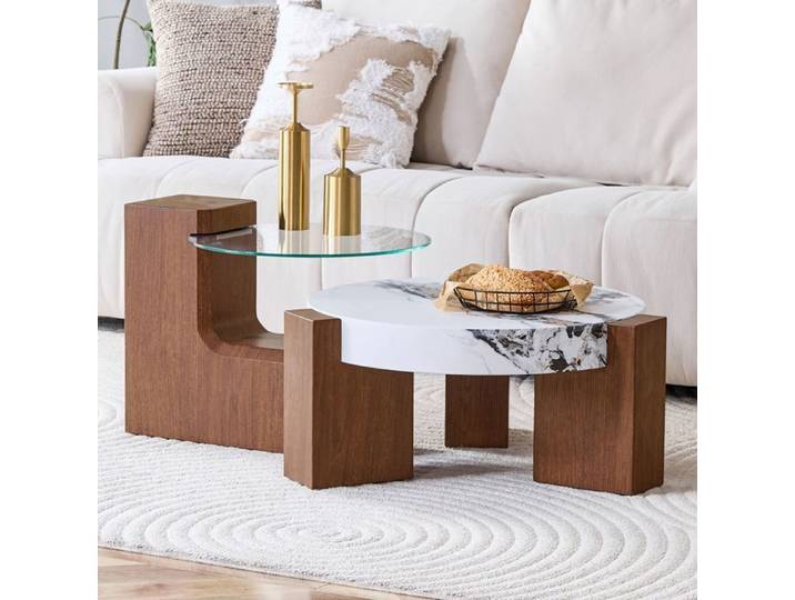 Table basse - WESTYLE - Set 2 pièces - Rond - Plateau verre sécurité - MDF aspect noyer