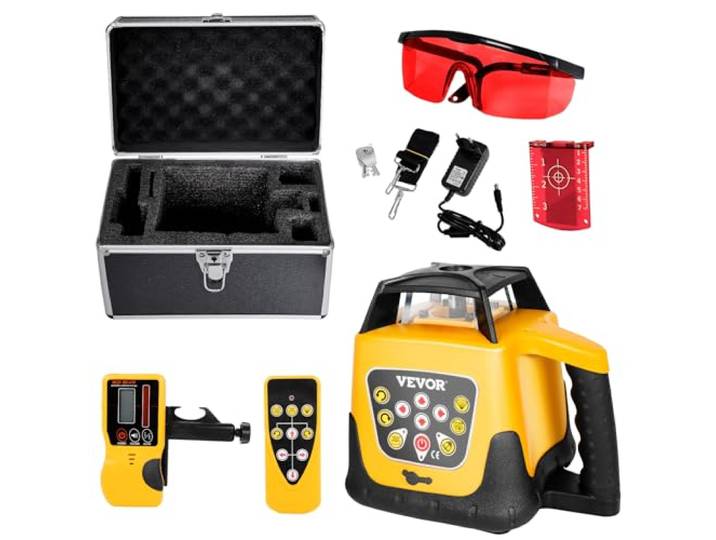 VEVOR Kit Niveau Laser Rotatif Autonivelant 360°\, Portée 300 m\, Faisceau Rouge\, Inclinaison Réglable\, Angle de Balayage Flexible\, Étanchéité IP54\, Précis\, avec Récepteur\, Télécommande\, Étui Transport