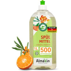 AlmaWin Spülmittel Sanddorn-Mandarine, Konzentrat, biologisch abbaubar, mikroplastikfrei, Flasche, 1 Liter