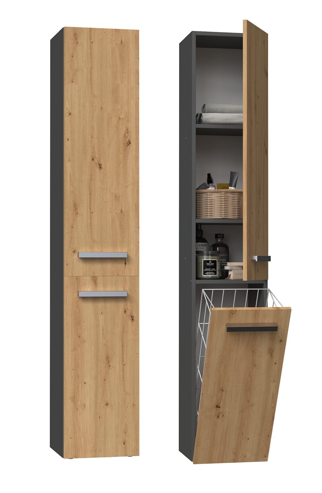 Topeshop NEL IV ANT/ART opbergkast voor de badkamer, grafietkleur en eikenhout