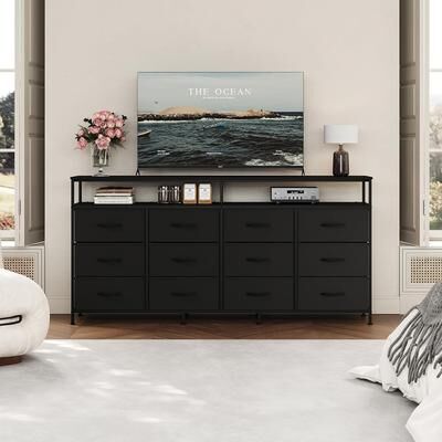 Garvee 63 Inch Fabric Dresser TV Stand with 12 Drawers & Open Shelves - Wide Storage Chest for Bedroom or Living Room