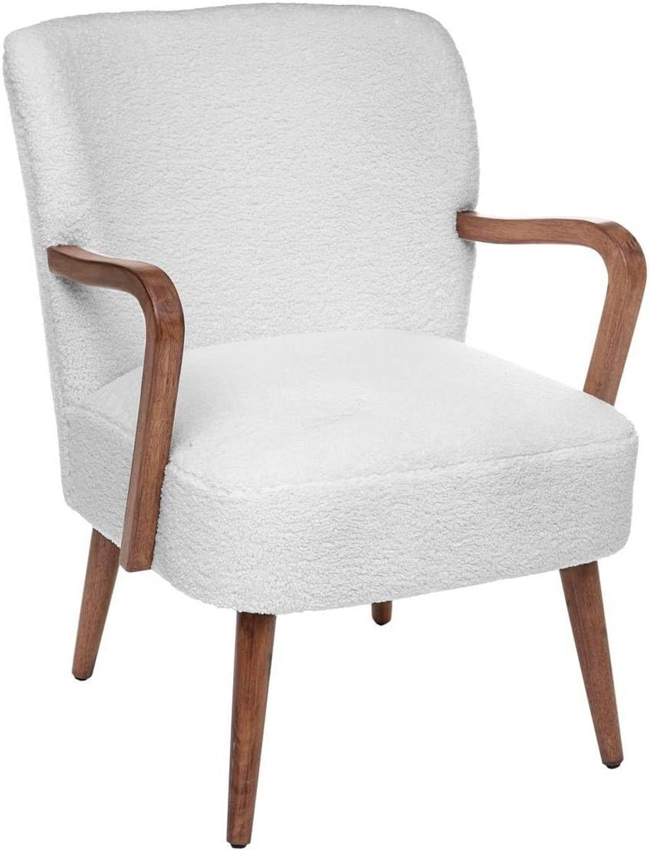 Comfortabele witte fauteuil met houten armleuningen en zitting