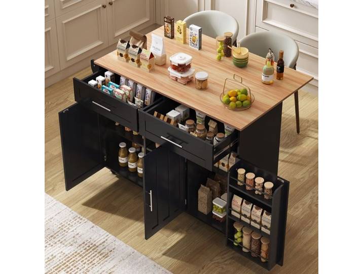 Desserte de cuisine à roulettes 129x46-71x91cm Îlot central de cuisine avec plan de travail extensible 2 tiroirs 3 portes - noir