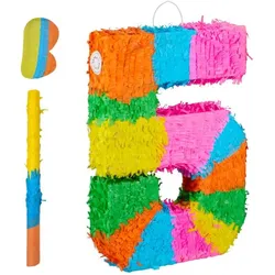 Relaxdays Pinata Zahl mit Stab und Maske Blau,Orange,Rosa