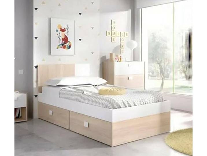 Dmora - Einzelbett Fourchon, Struktur des Lagerbetts, Sommier mit Abdeckung, Bettrahmen aus Stoff, 97x196 h79 cm, Weiß und Eiche