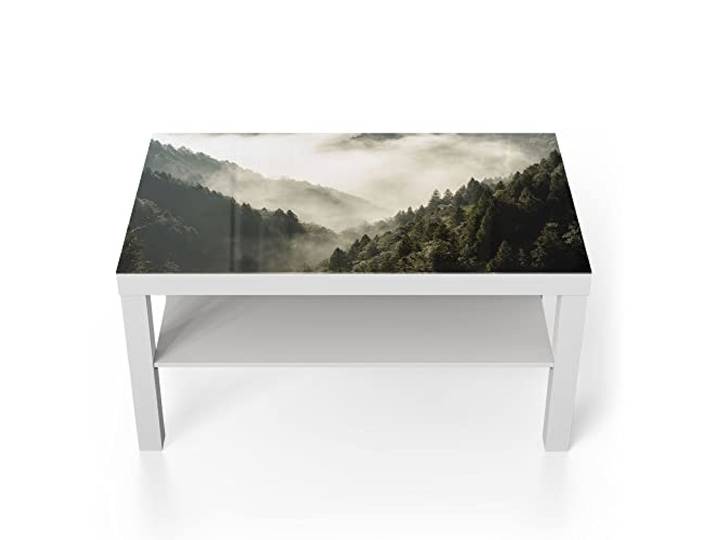 DEQORI Glastisch weiß groß 90x50 cm Motiv Nebel in den Bergen ausgefallener Beistelltisch aus Glas Hochglanz Couchtisch fürs Wohnzimmer moderner Couch Tisch mit Design