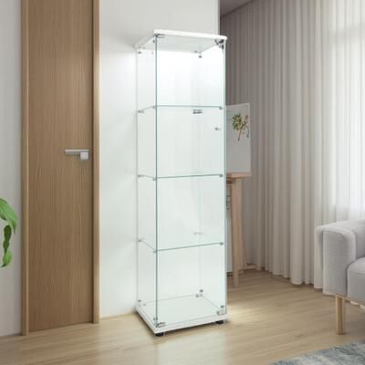 ZWYO HOSIMU "64.7"" Tempered Glass Display Cabinet with Battery-Powered PAIPAI Light, Adjustable Feet, Lockable Casters, Storage Cabinet"