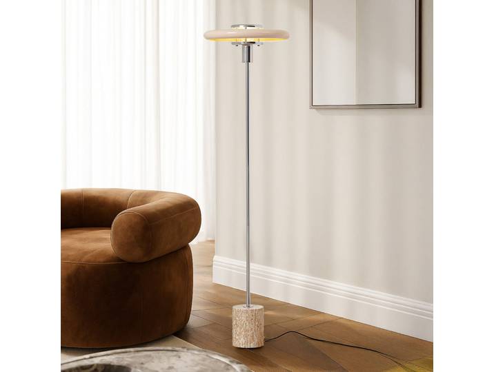 Lampe sur pied Branford, beige, rétro, métal/travertin - Lindby - Salon / séjour - Vintage / rétro - À ampoule unique
