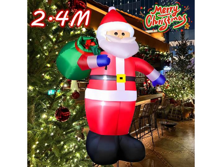 Gants bleus gonflables de noël de 2.4M, sac cadeau de transport du père noël avec LED, ornement extérieur, cadeau de fête du nouvel an, décoration intérieure