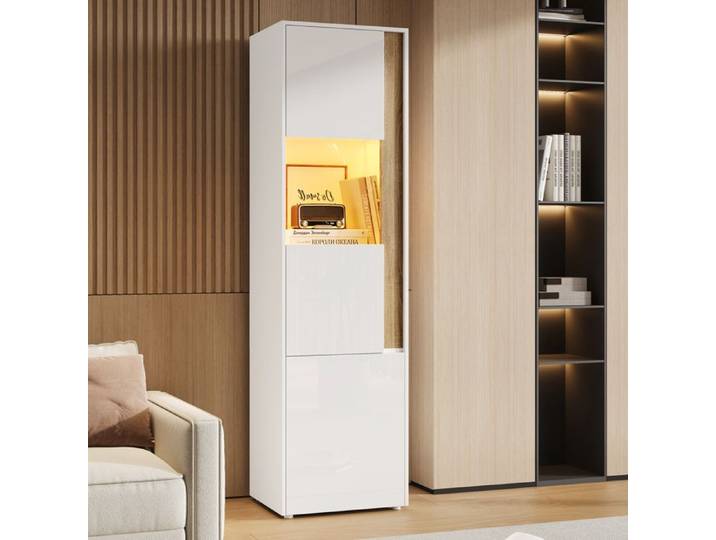 Armoire haute vitrine - LEMONBEST - 50x40x179 cm - 2 portes - Éclairage LED réglable - Blanc/naturel